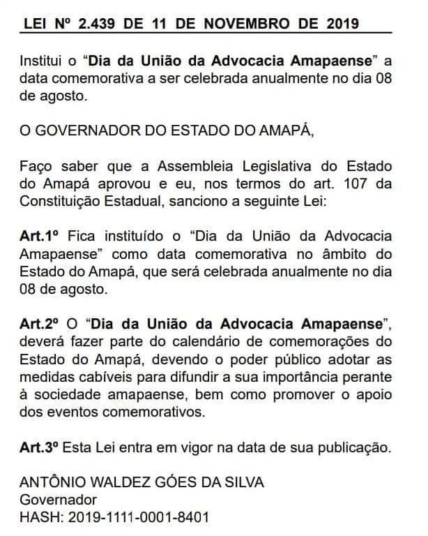 Instituído o Dia da União da Advocacia Amapaense – 8 de agosto